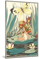 Girl Waking on Floating Leaf-null-Mounted Art Print