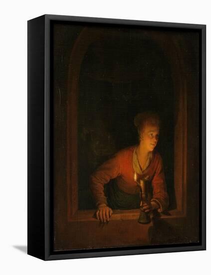 Girl with an Oil Lamp at a Window, 1645-75-Gerrit or Gerard Dou-Framed Stretched Canvas