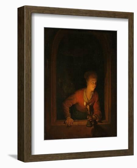 Girl with an Oil Lamp at a Window, 1645-75-Gerrit or Gerard Dou-Framed Giclee Print