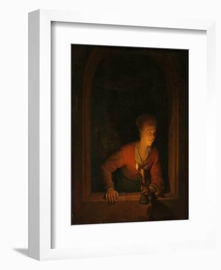 Girl with an Oil Lamp at a Window, 1645-75-Gerrit or Gerard Dou-Framed Giclee Print