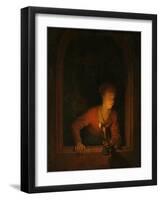 Girl with an Oil Lamp at a Window, 1645-75-Gerrit or Gerard Dou-Framed Giclee Print