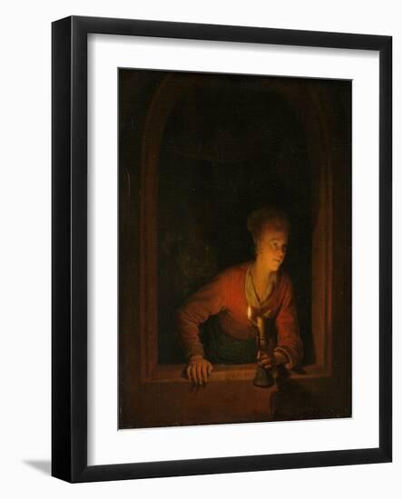 Girl with an Oil Lamp at a Window, 1645-75-Gerrit or Gerard Dou-Framed Giclee Print