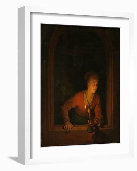 Girl with an Oil Lamp at a Window, 1645-75-Gerrit or Gerard Dou-Framed Giclee Print