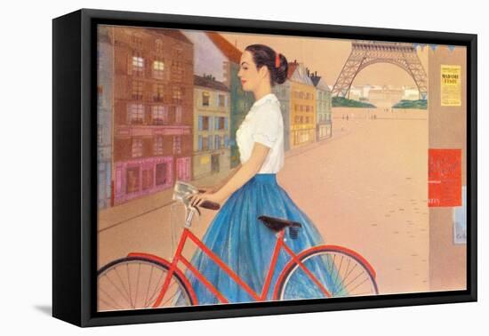 Girl with Bicycle in Front of Eiffel Tower-null-Framed Stretched Canvas