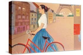 Girl with Bicycle in Front of Eiffel Tower-null-Stretched Canvas