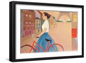 Girl with Bicycle in Front of Eiffel Tower-null-Framed Art Print