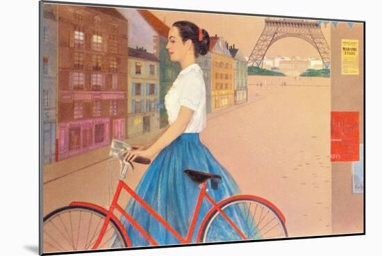 Girl with Bicycle in Front of Eiffel Tower-null-Mounted Art Print