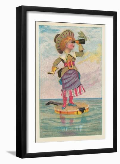 Girl with Binoculars on Floating Banjo-null-Framed Art Print