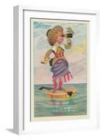 Girl with Binoculars on Floating Banjo-null-Framed Art Print