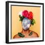Girl with Clouds instead of a Face and a Crown of Flowers. Contemporary Art Collage. Abstract Surre-null-Framed Photographic Print