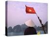 Girl with Conical Hat on a Junk Boat with National Flag and Karst Islands in Halong Bay, Vietnam-Keren Su-Stretched Canvas