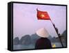 Girl with Conical Hat on a Junk Boat with National Flag and Karst Islands in Halong Bay, Vietnam-Keren Su-Framed Stretched Canvas