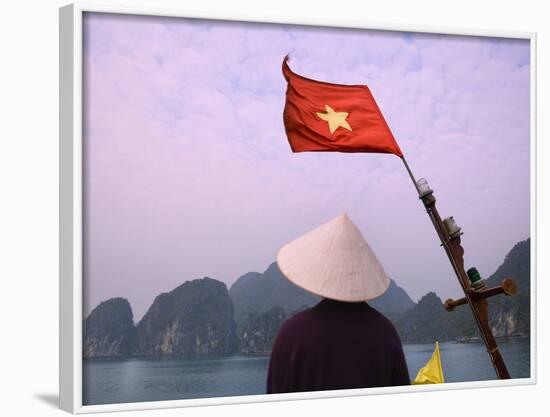 Girl with Conical Hat on a Junk Boat with National Flag and Karst Islands in Halong Bay, Vietnam-Keren Su-Framed Photographic Print