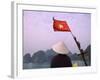 Girl with Conical Hat on a Junk Boat with National Flag and Karst Islands in Halong Bay, Vietnam-Keren Su-Framed Photographic Print