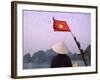 Girl with Conical Hat on a Junk Boat with National Flag and Karst Islands in Halong Bay, Vietnam-Keren Su-Framed Photographic Print