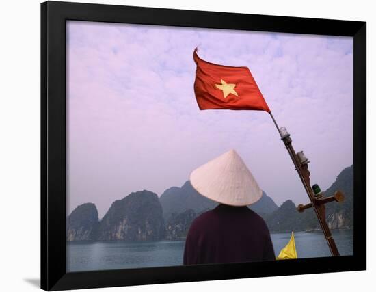 Girl with Conical Hat on a Junk Boat with National Flag and Karst Islands in Halong Bay, Vietnam-Keren Su-Framed Photographic Print