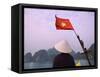 Girl with Conical Hat on a Junk Boat with National Flag and Karst Islands in Halong Bay, Vietnam-Keren Su-Framed Stretched Canvas