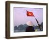 Girl with Conical Hat on a Junk Boat with National Flag and Karst Islands in Halong Bay, Vietnam-Keren Su-Framed Photographic Print