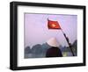 Girl with Conical Hat on a Junk Boat with National Flag and Karst Islands in Halong Bay, Vietnam-Keren Su-Framed Photographic Print