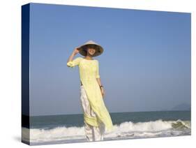 Girl with Conical Hat on the Beach, Vietnam-Keren Su-Stretched Canvas