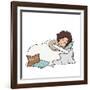 Girl with Dark Curly Hair Sleeping on Bed. Circadian Rhythm. Morning and Night. Every Day Life. Hap-Elena Shmoylova-Framed Art Print