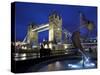 Girl with Dolphin by David Wynne, Illuminated at Night in Front of Tower Bridge, London, England-Peter Barritt-Stretched Canvas