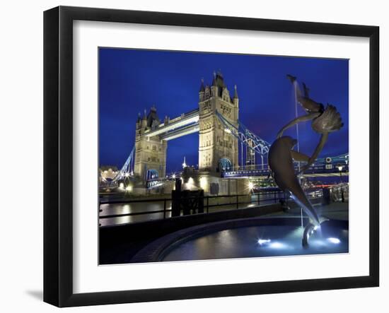 Girl with Dolphin by David Wynne, Illuminated at Night in Front of Tower Bridge, London, England-Peter Barritt-Framed Photographic Print