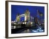 Girl with Dolphin by David Wynne, Illuminated at Night in Front of Tower Bridge, London, England-Peter Barritt-Framed Photographic Print