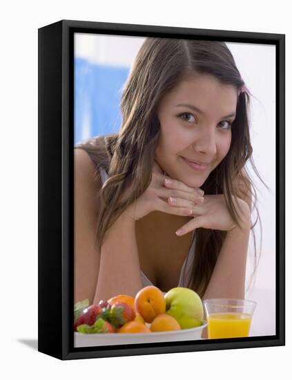Girl with Fresh Fruit and Orange Juice-null-Framed Stretched Canvas