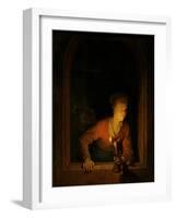 Girl with Oil Lamp at a Window-Gerard Dou-Framed Art Print