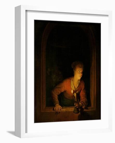 Girl with Oil Lamp at a Window-Gerard Dou-Framed Art Print