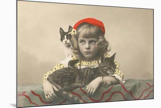 Girl with Red Tam and Two Cats-null-Mounted Art Print