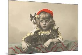 Girl with Red Tam and Two Cats-null-Mounted Art Print