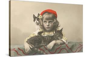 Girl with Red Tam and Two Cats-null-Stretched Canvas
