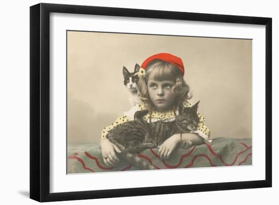 Girl with Red Tam and Two Cats-null-Framed Art Print