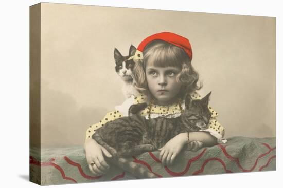 Girl with Red Tam and Two Cats-null-Stretched Canvas