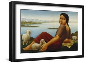 Girl with Sheep; Madchen Mit Schafen, 1923-Georg Schrimpf-Framed Giclee Print