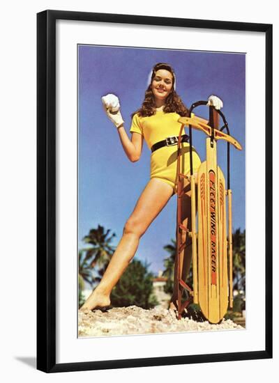 Girl with Sled, Retro-null-Framed Art Print