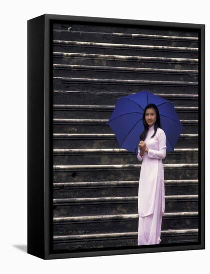 Girl With Umbrella on Stone Steps of Tomb of Khai Dinh, Vietnam-Keren Su-Framed Stretched Canvas