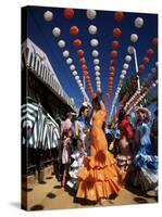 Girls Dancing a Sevillana Beneath Colourful Lanterns, Feria De Abril, Seville, Andalucia, Spain-Ruth Tomlinson-Stretched Canvas