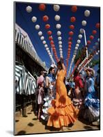 Girls Dancing a Sevillana Beneath Colourful Lanterns, Feria De Abril, Seville, Andalucia, Spain-Ruth Tomlinson-Mounted Photographic Print