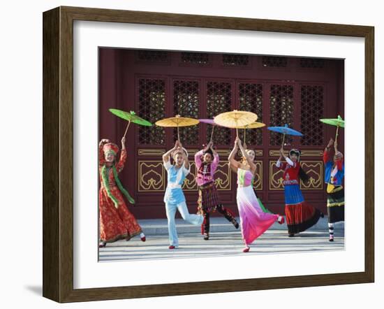 Girls Dancing with Coourful Parasols at the Ethnic Minorities Park, Beijing, China, Asia-Christian Kober-Framed Photographic Print