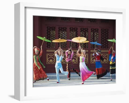 Girls Dancing with Coourful Parasols at the Ethnic Minorities Park, Beijing, China, Asia-Christian Kober-Framed Photographic Print