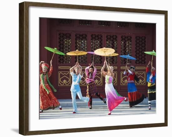 Girls Dancing with Coourful Parasols at the Ethnic Minorities Park, Beijing, China, Asia-Christian Kober-Framed Photographic Print