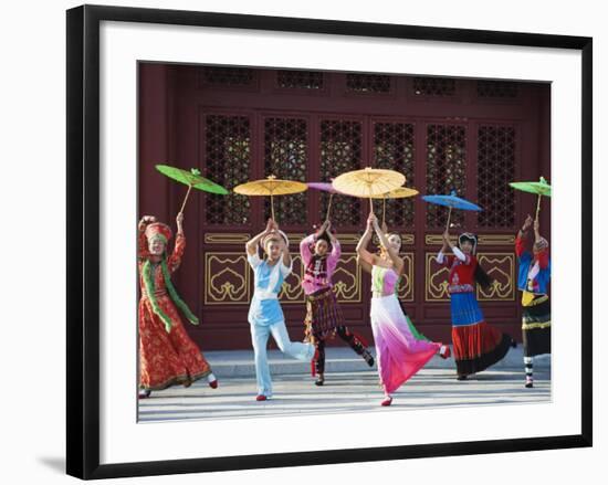 Girls Dancing with Coourful Parasols at the Ethnic Minorities Park, Beijing, China, Asia-Christian Kober-Framed Photographic Print