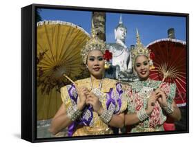 Girls Dressed in Traditional Dancing Costume at Wat Mahathat, SUKhothai, Thailand-Steve Vidler-Framed Stretched Canvas