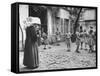 Girls Gathering in the Courtyard of the Mission, Nuns Nearby-null-Framed Stretched Canvas