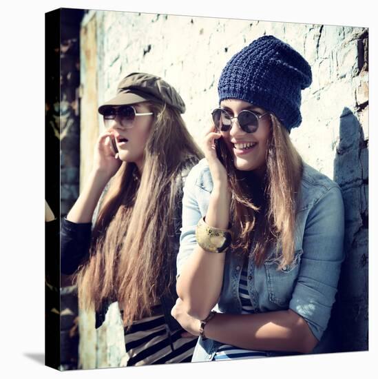 Girls Having Fun Together Outdoors and Calling Smart Phone-khorzhevska-Stretched Canvas
