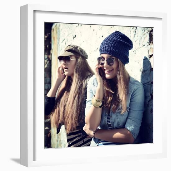 Girls Having Fun Together Outdoors and Calling Smart Phone-khorzhevska-Framed Photographic Print