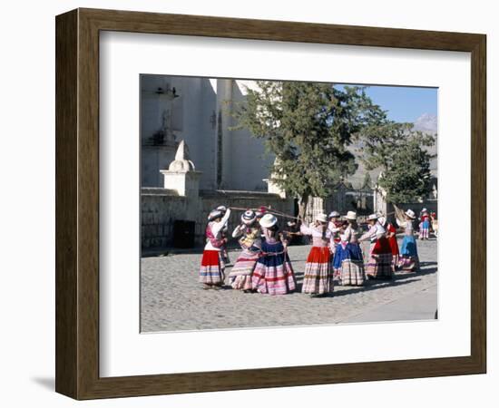 Girls in Traditional Local Dress Dancing in Square at Yanque Village, Colca Canyon, Peru-Tony Waltham-Framed Photographic Print